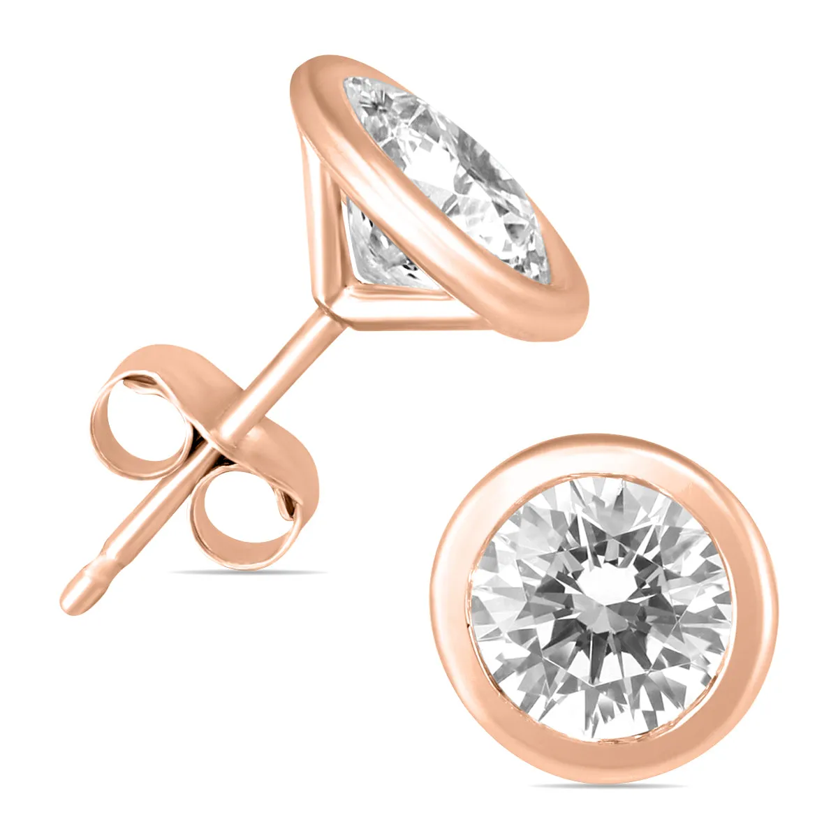 1 Carat Tw Ags Certified Bezel Diamond Solitaire Stud Earrings In 14K Rose Gold