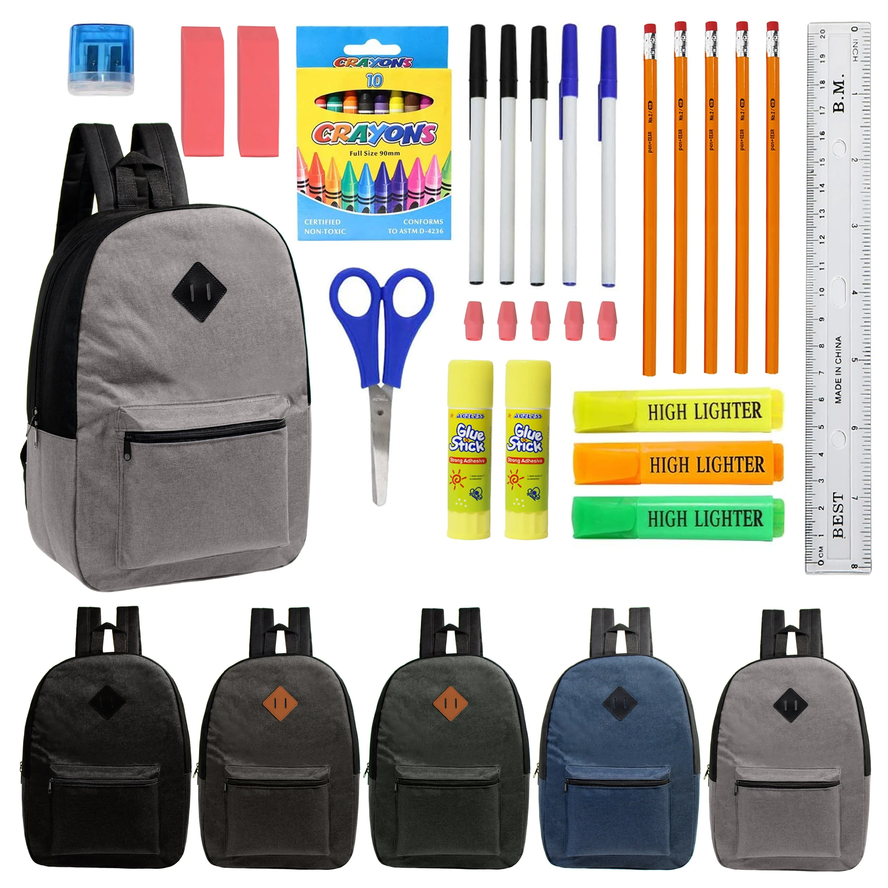 12 Wholesale 17" Diamond Patch Backpacks and 12 Bulk School Supply Kits of Your Choice