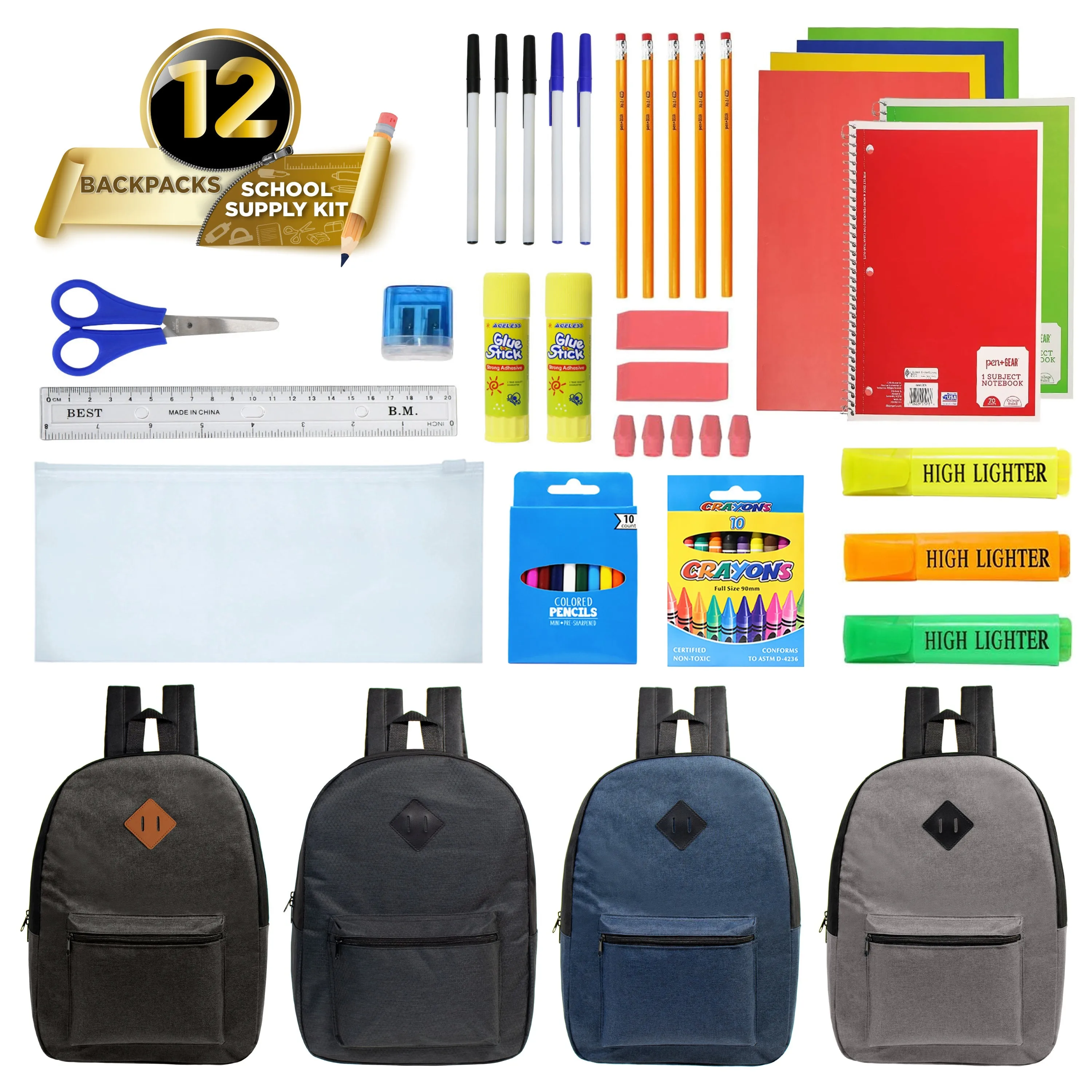 12 Wholesale Diamond Patch Backpacks in 4 Colors & 12 Bulk School Supply Kits of Your Choice