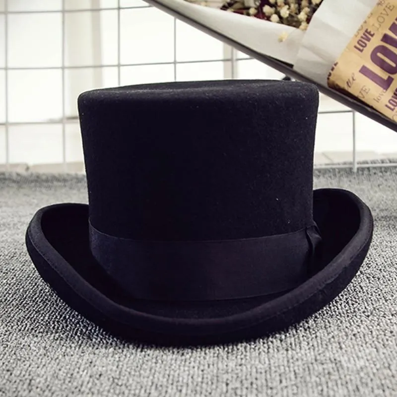 13.5cm Black Wool Felt Sherlock Steampunk Cylinder Hat with Low Short Top