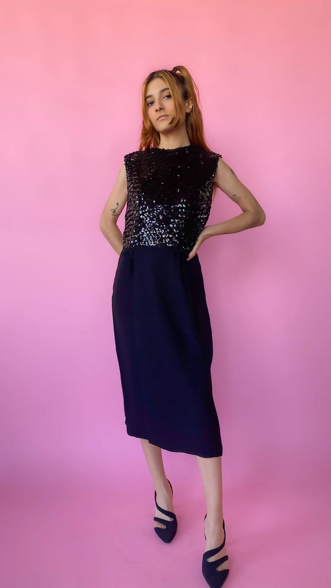 1960s Black Sequin Cocktail Dress, sz. S