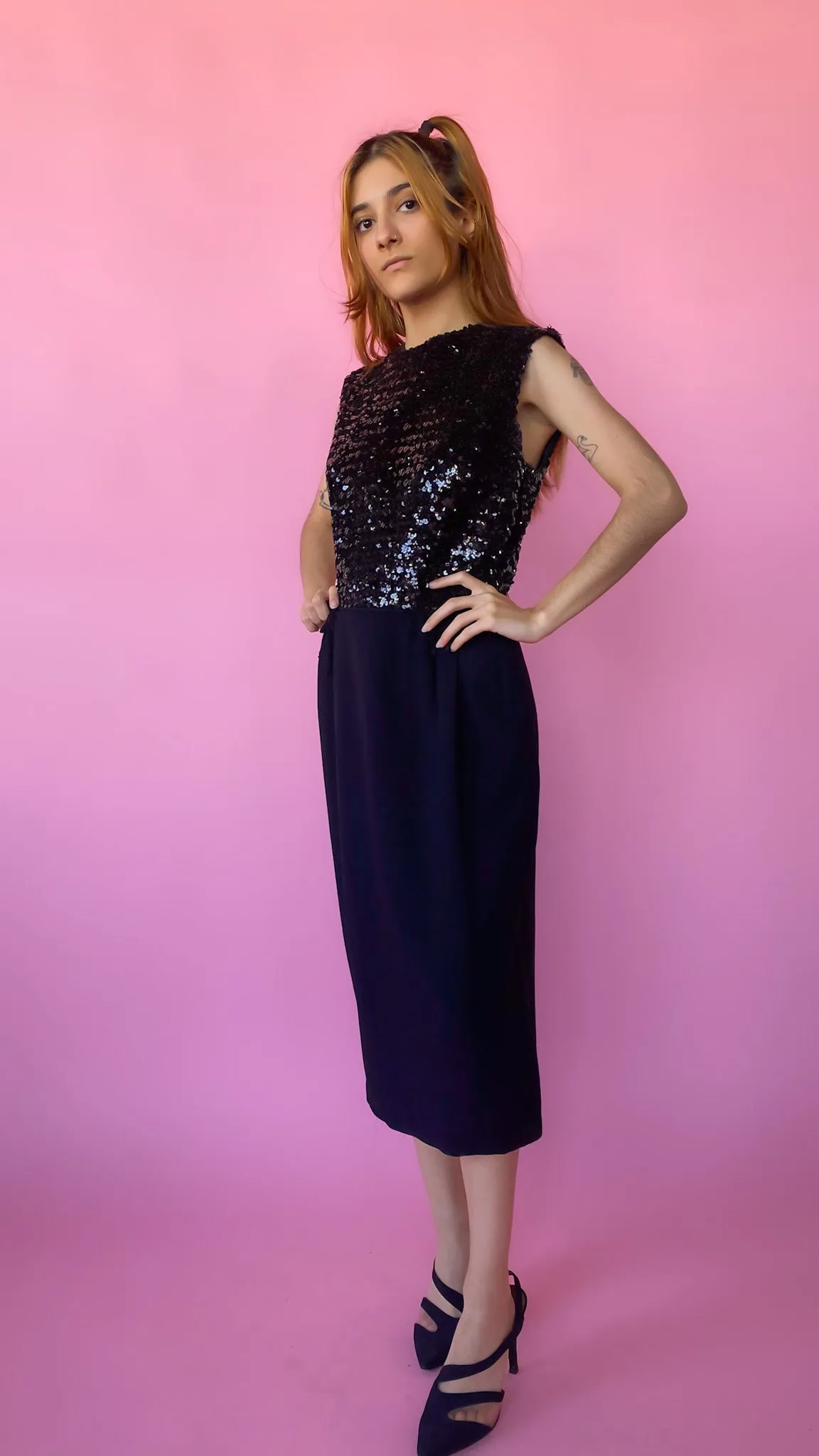 1960s Black Sequin Cocktail Dress, sz. S