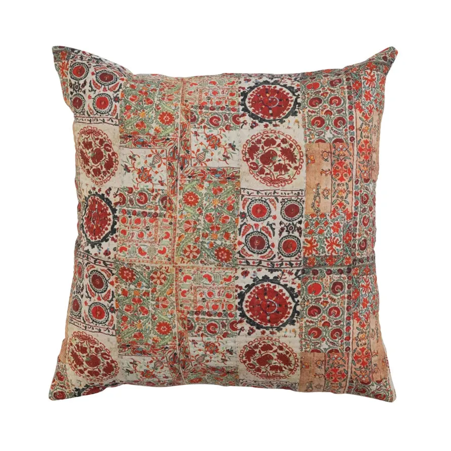 20" Cotton Printed Pillow w/ Kantha Stitch & Chambray Back, Down Fill