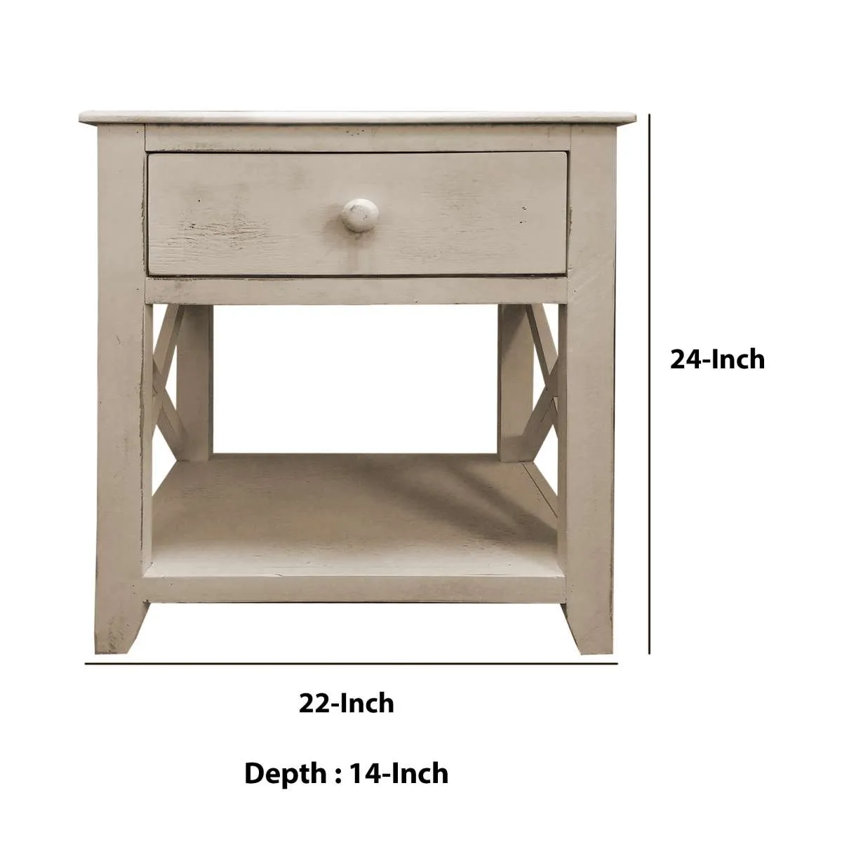 24 Inch Wooden 1 Drawer Sideend Table With Cross Sides And Open Bottom Shelf, White By Benzara