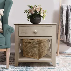 24 Inch Wooden 1 Drawer Sideend Table With Cross Sides And Open Bottom Shelf, White By Benzara