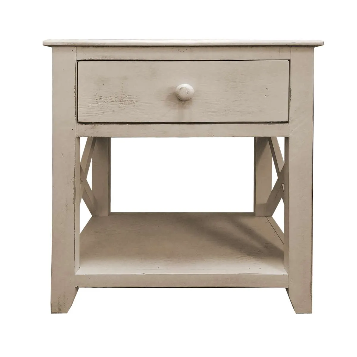 24 Inch Wooden 1 Drawer Sideend Table With Cross Sides And Open Bottom Shelf, White By Benzara