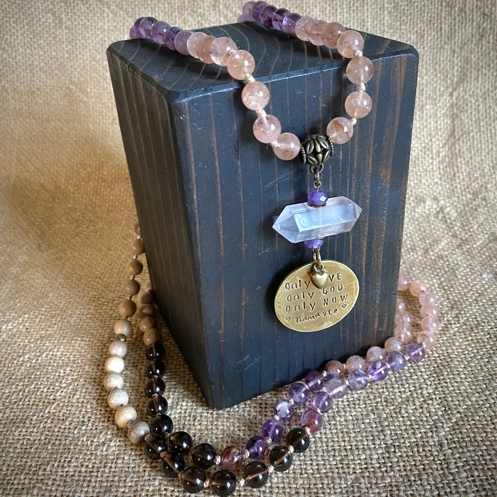 3-Onlies Mala with Morganite, Cacoxenite, Smoky Quartz, Sandalwood