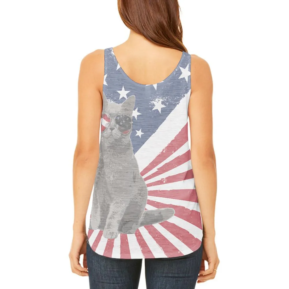 4th Of July Meowica America Patriot Cat Juniors Flowy Side Slit Tank Top