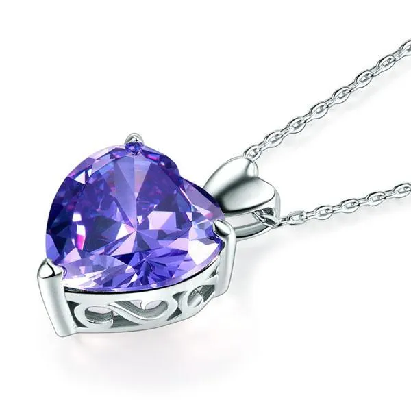 925 Sterling Silver Heart Pendant Necklace 5 Carat Purple  MXFN8045