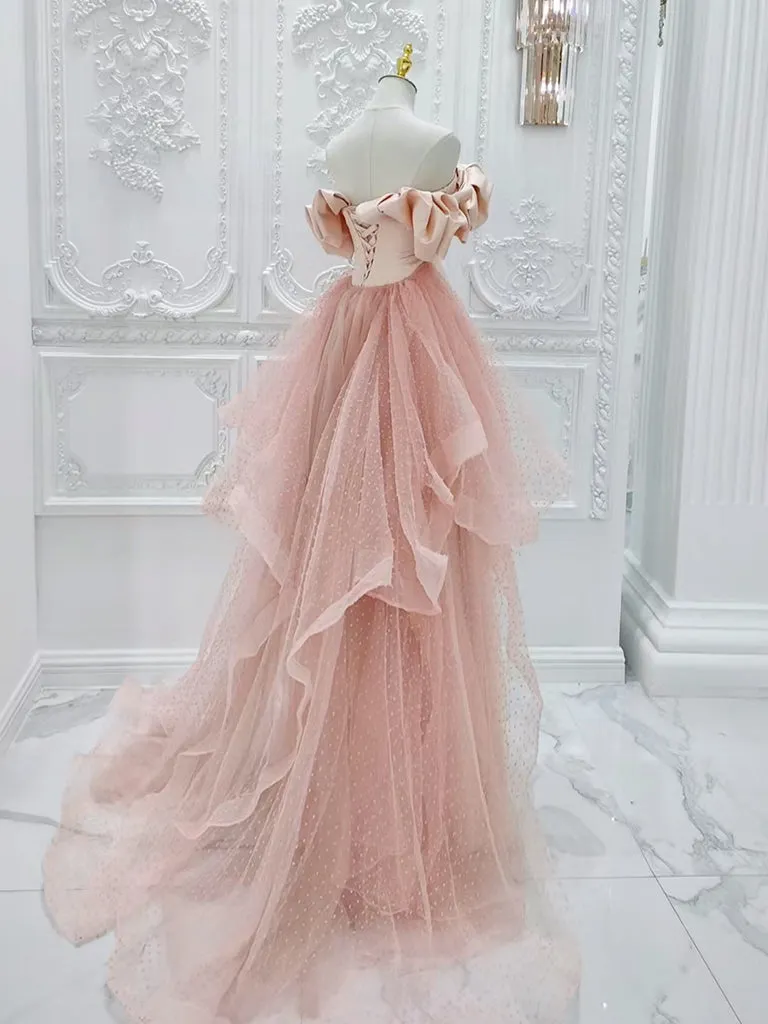 A-Line Off Shoulder Statin Tulle Pink Long Prom Dress, Pink Long Formal Dress