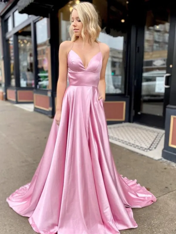 A Line V Neck Satin Backless Long Pink Prom with High Slit, V Neck Backless Pink Formal with Pocket, Backless Pink Evening