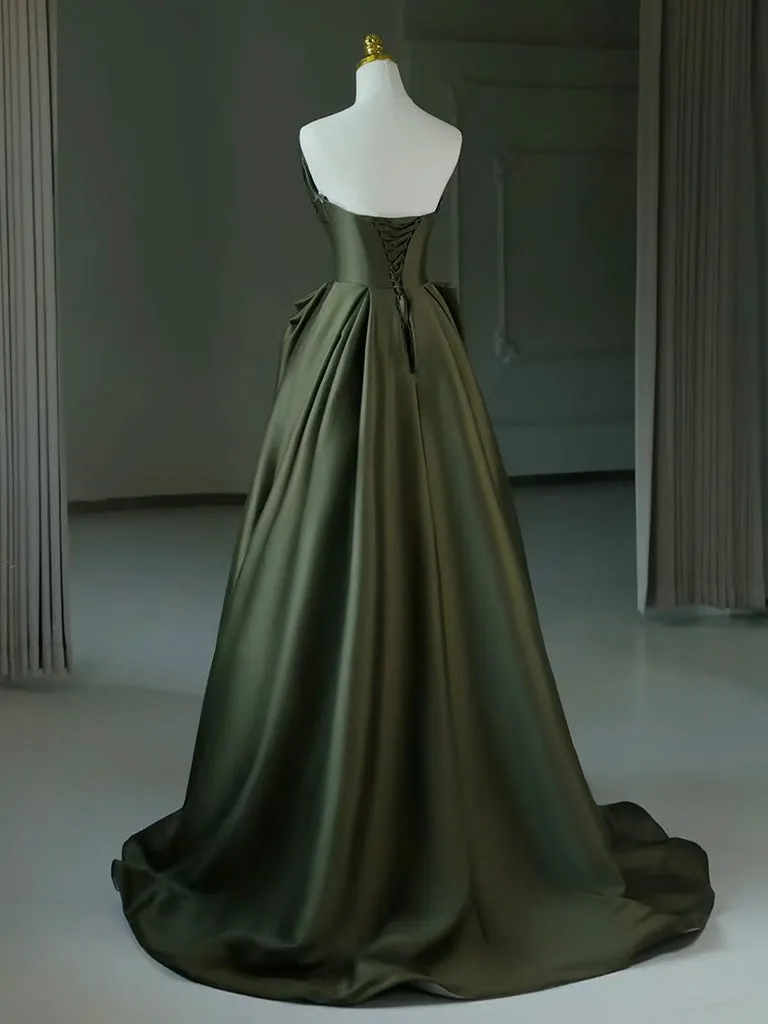 A-Line V Neck Satin Green Long Prom Dress, Green Long Evening Dress