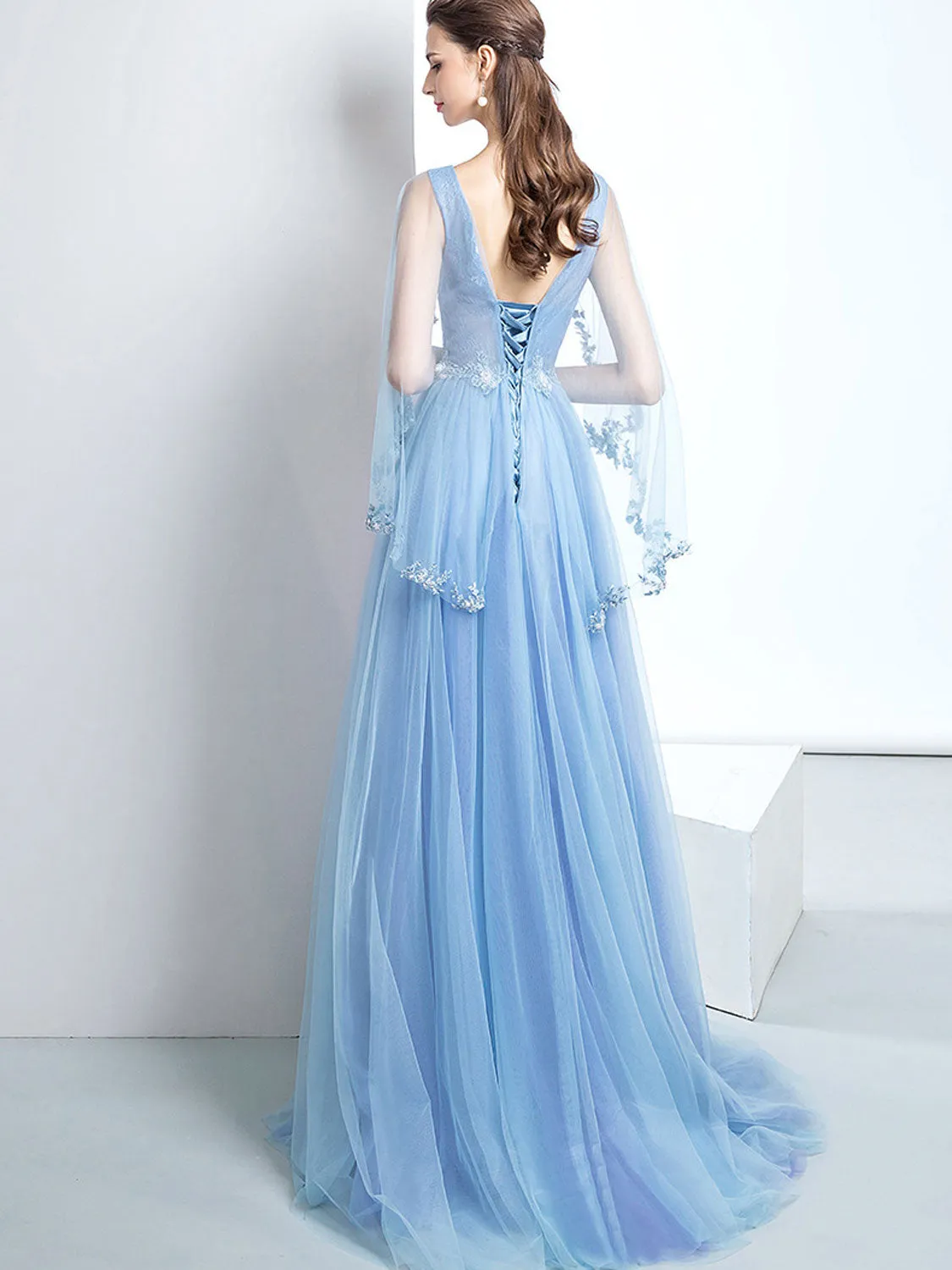 A-Line V Neck  Tulle Lace Blue Long Prom Dresses, Blue Formal Evening Dress