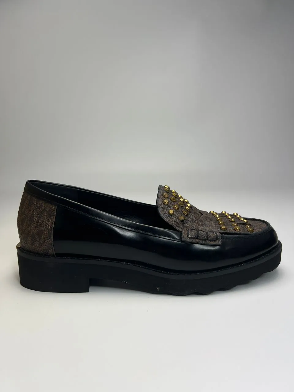 Alberta Studded Leather Loafers in Black/Brown