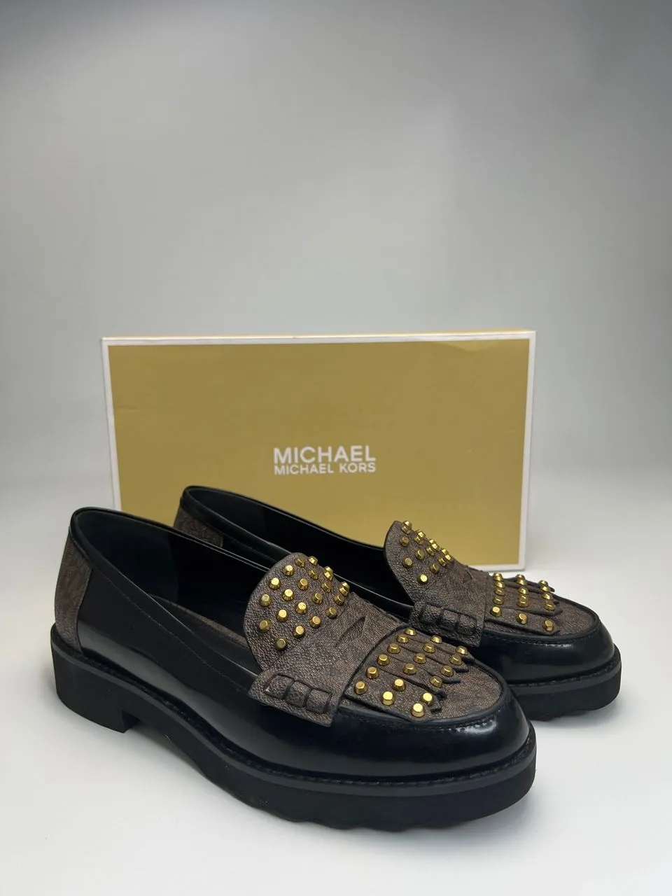 Alberta Studded Leather Loafers in Black/Brown