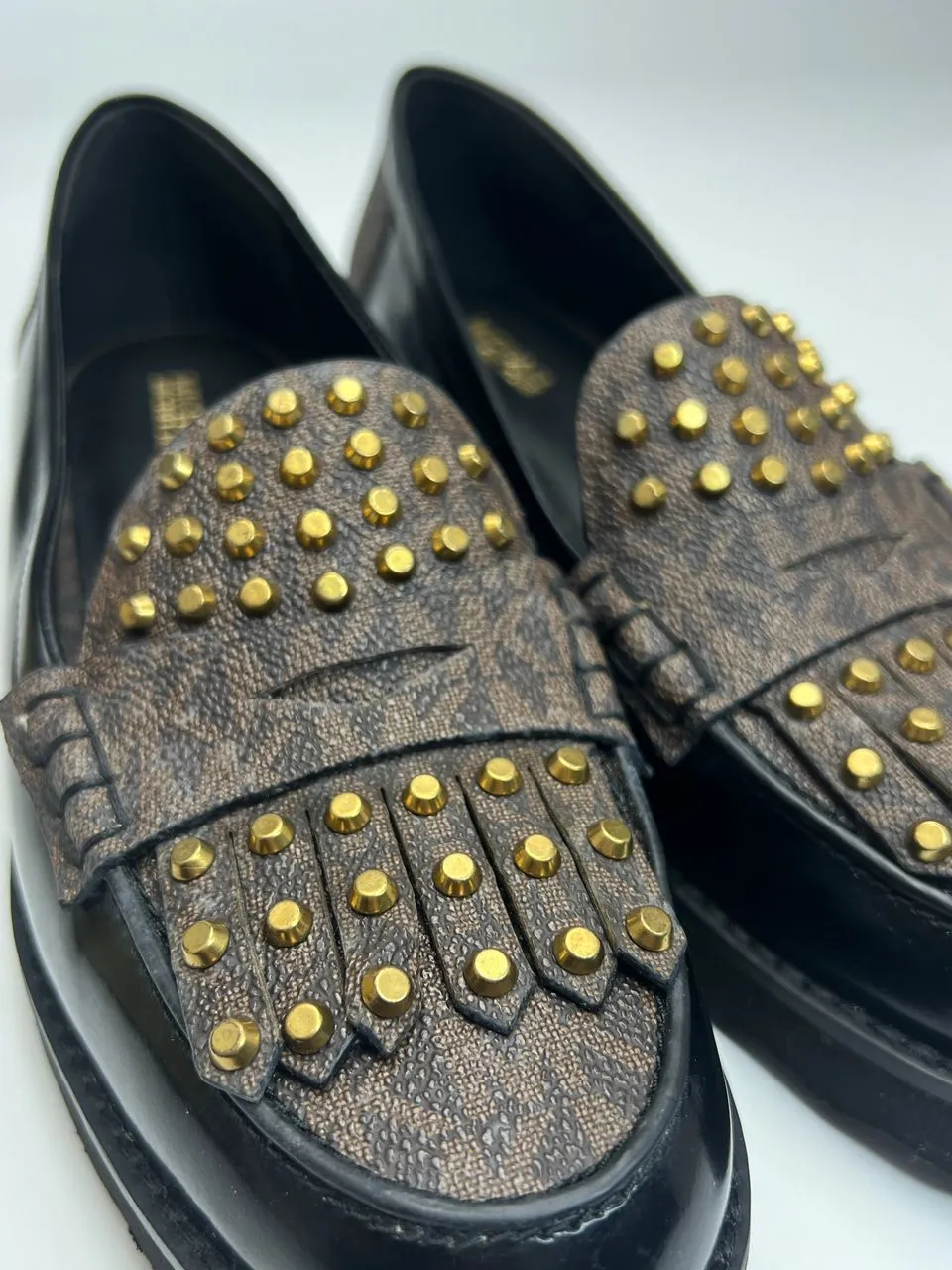 Alberta Studded Leather Loafers in Black/Brown