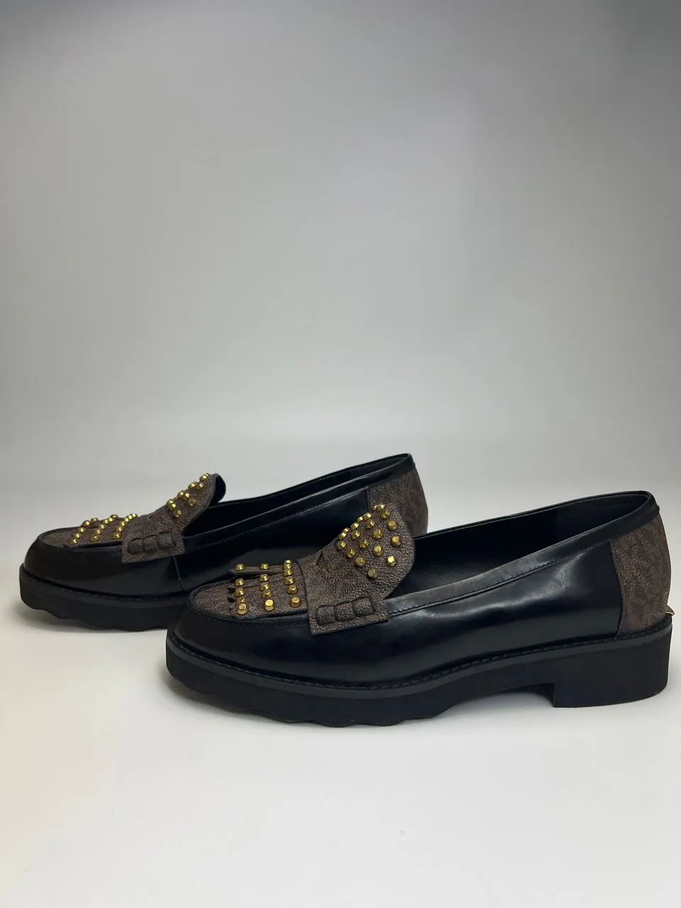 Alberta Studded Leather Loafers in Black/Brown