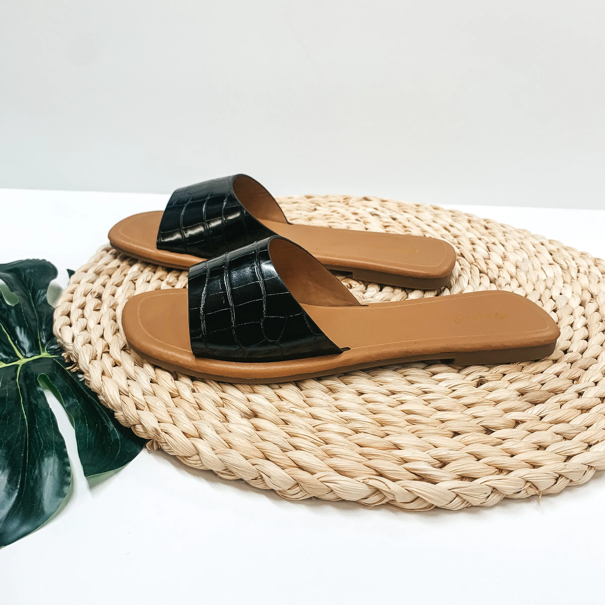 Always in the Lead Crocodile Slide On Sandals in Black