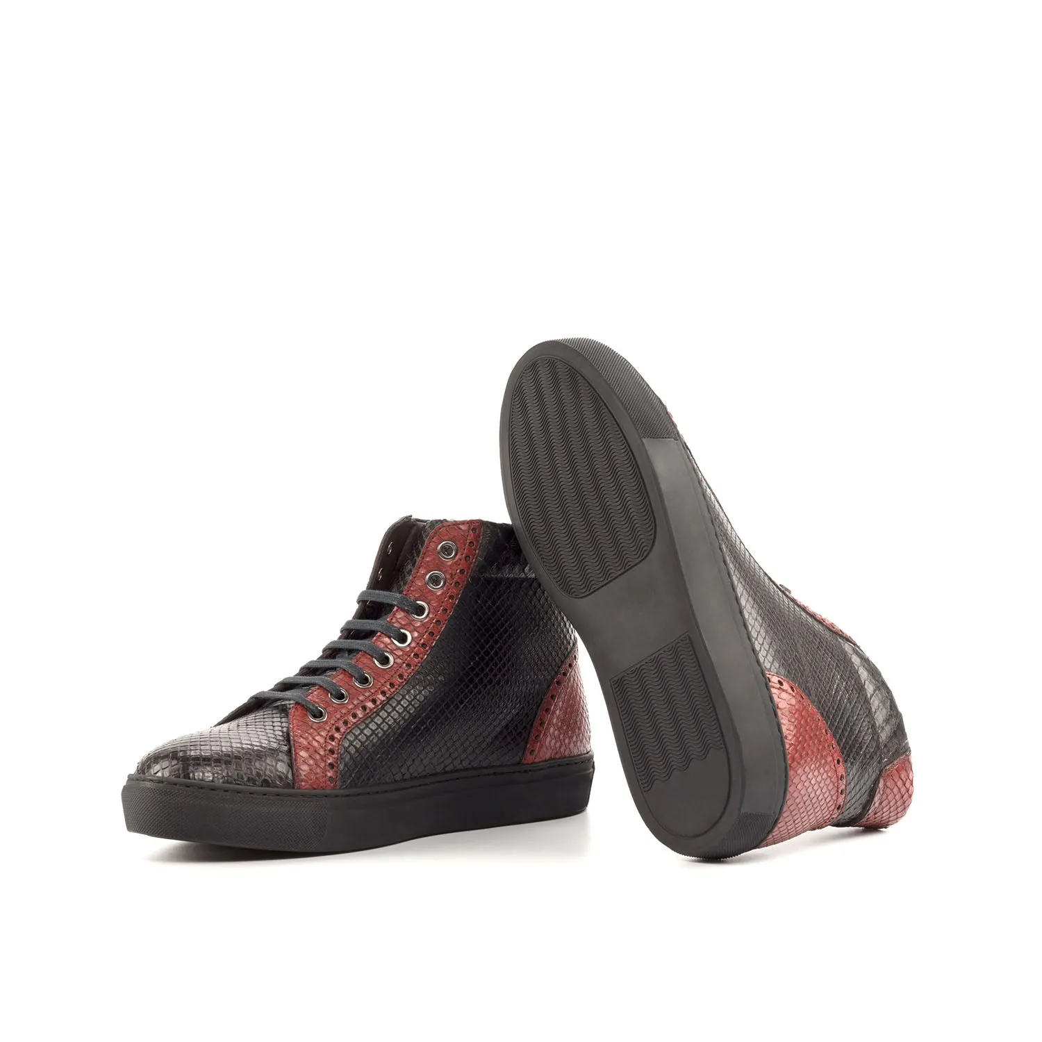 Ambrogio Bespoke Custom Men's Shoes Black & Red Exotic Snake-Skin High-Top Sneakers (AMB1991)