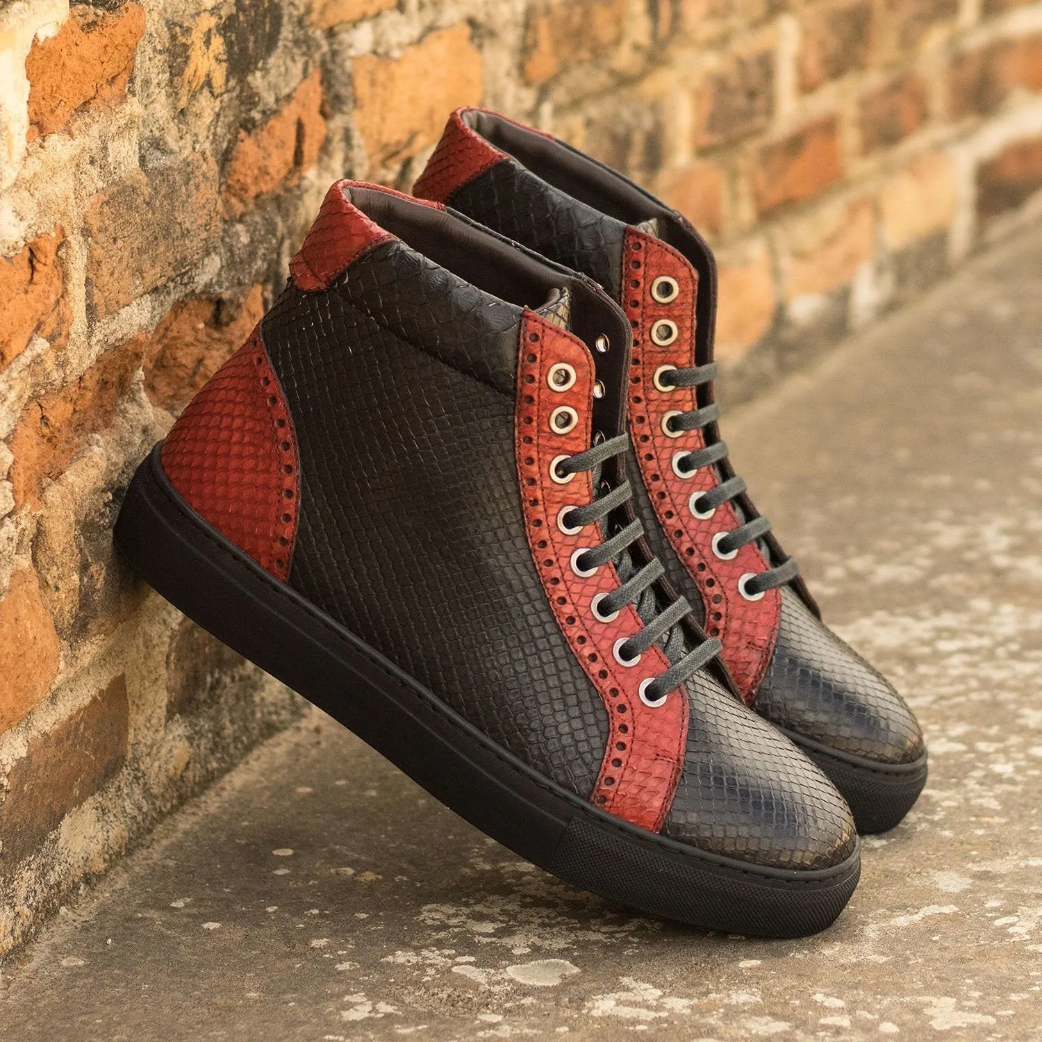 Ambrogio Bespoke Custom Men's Shoes Black & Red Exotic Snake-Skin High-Top Sneakers (AMB1991)