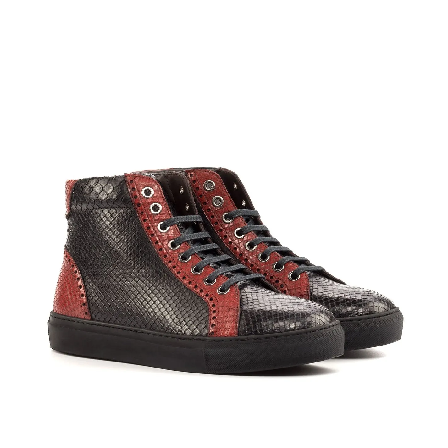 Ambrogio Bespoke Custom Men's Shoes Black & Red Exotic Snake-Skin High-Top Sneakers (AMB1991)