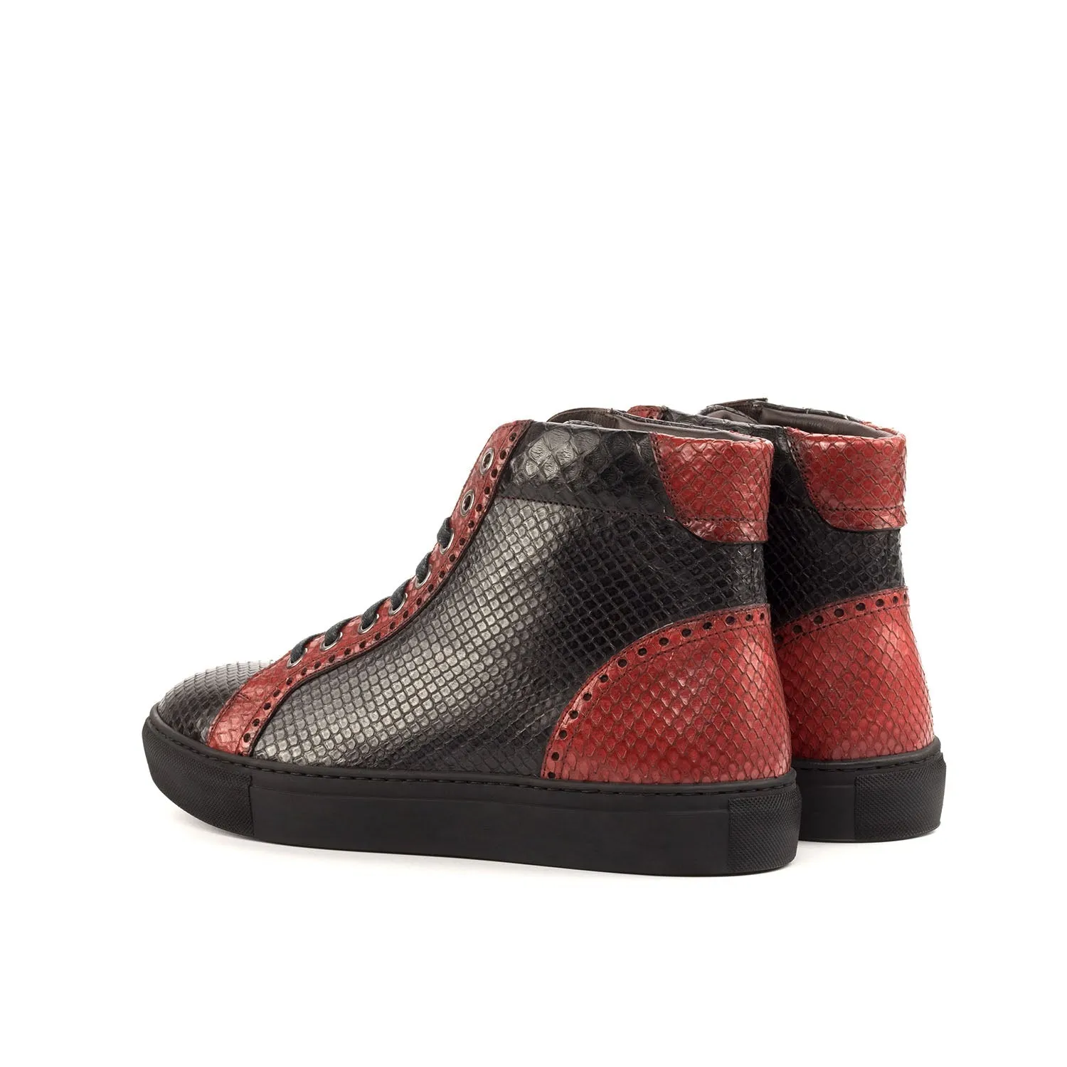 Ambrogio Bespoke Custom Men's Shoes Black & Red Exotic Snake-Skin High-Top Sneakers (AMB1991)