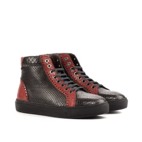 Ambrogio Bespoke Custom Men's Shoes Black & Red Exotic Snake-Skin High-Top Sneakers (AMB1991)