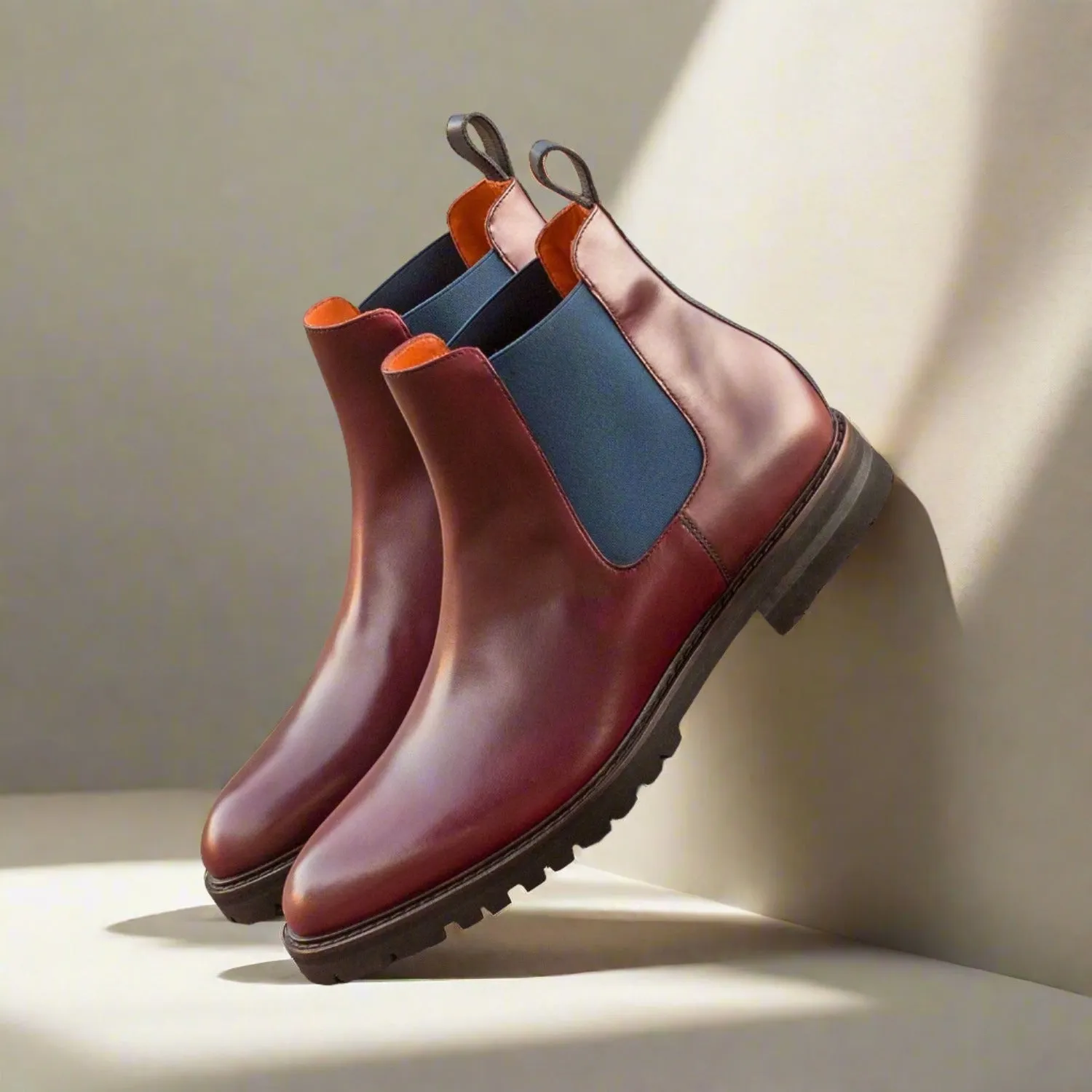 Ambrogio Bespoke Custom Men's Shoes Burgundy & Navy Polished / Calf-Skin Leather Chelsea Boots (AMB1963)