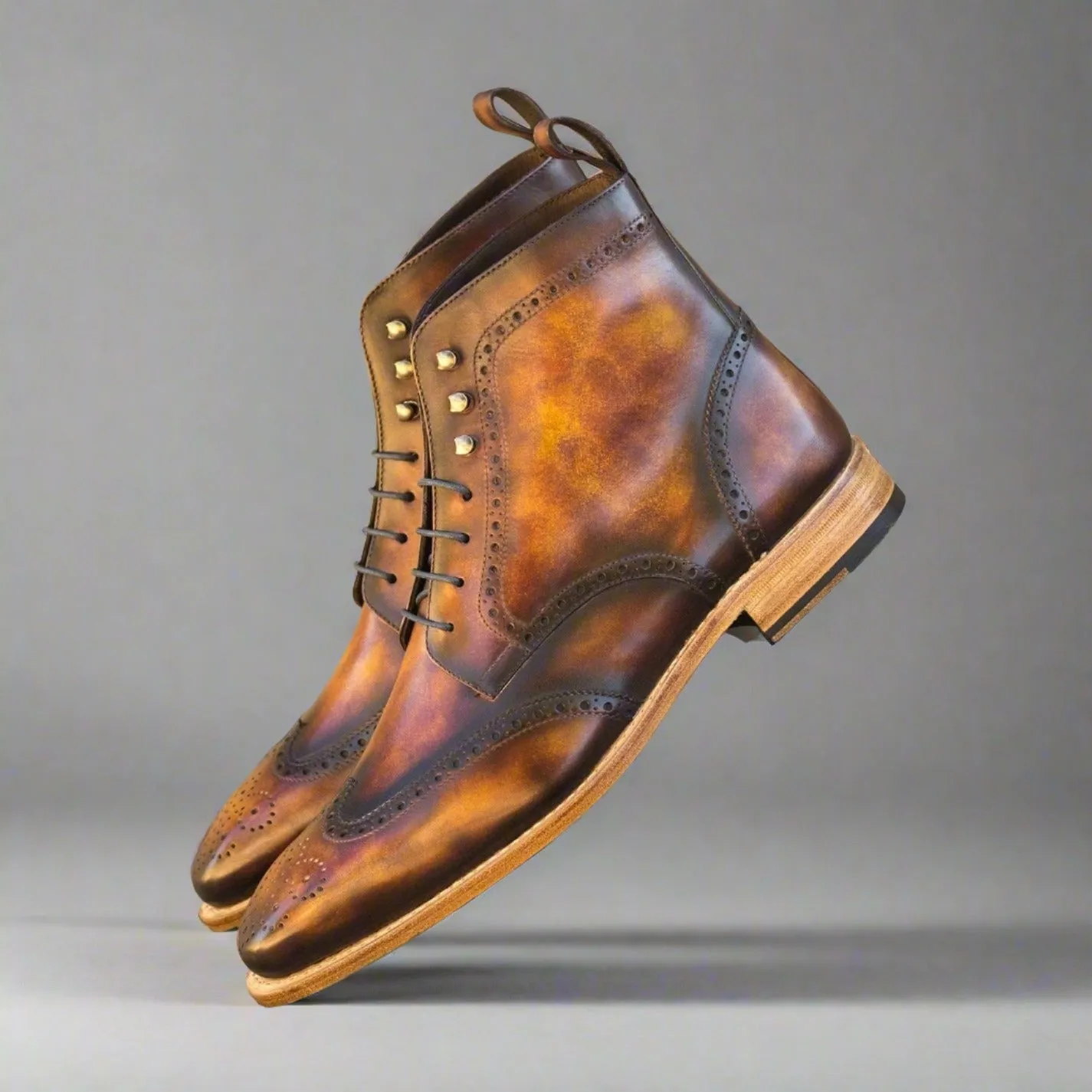 Ambrogio Bespoke Custom Men's Shoes Fire Patina Leather Military Brogue Boots (AMB2215)