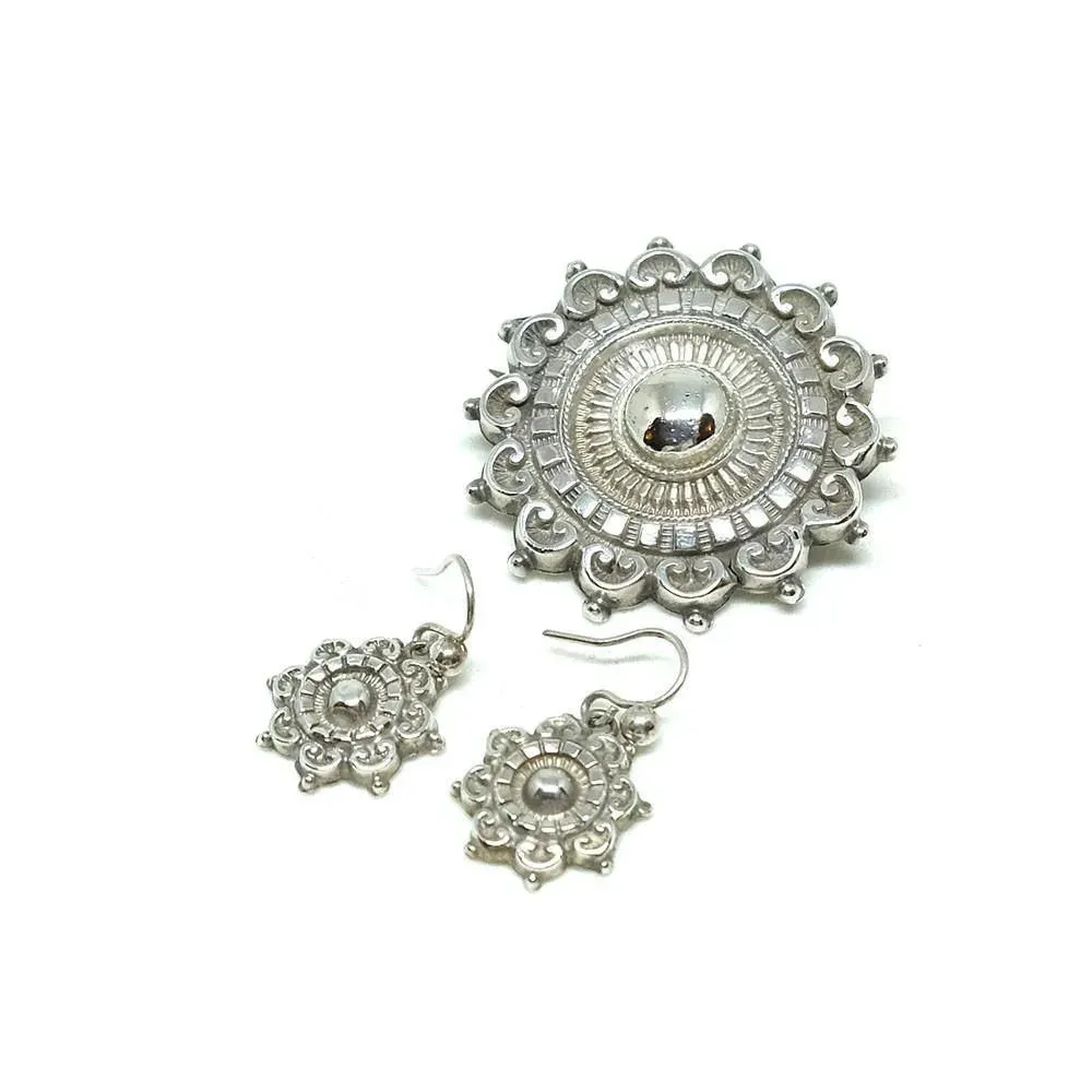 Antique Victorian Silver Sun Brooch & Earrings Set