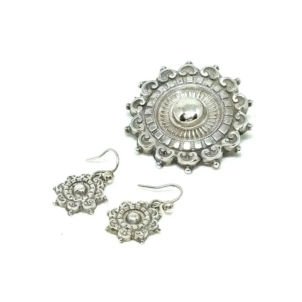 Antique Victorian Silver Sun Brooch & Earrings Set