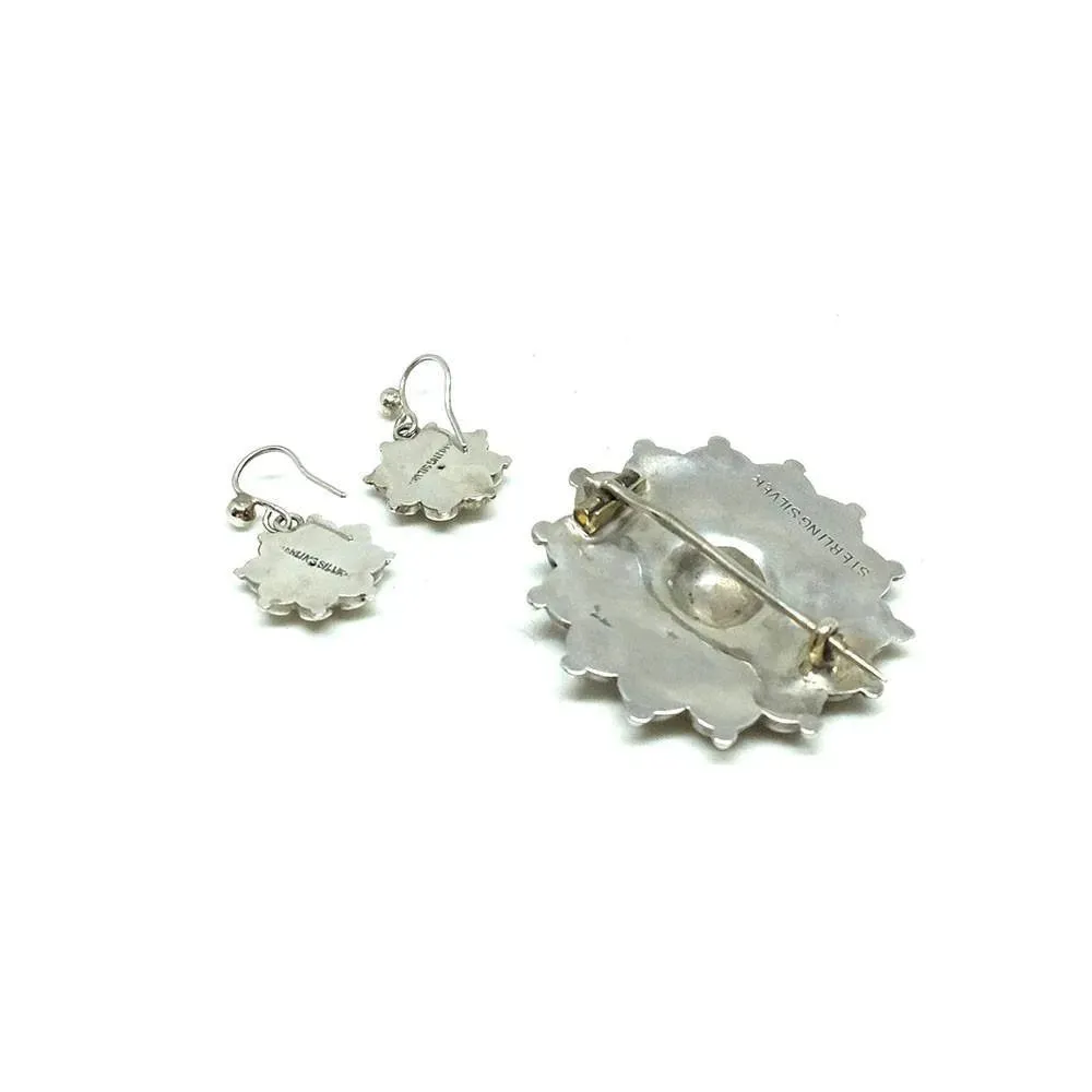 Antique Victorian Silver Sun Brooch & Earrings Set