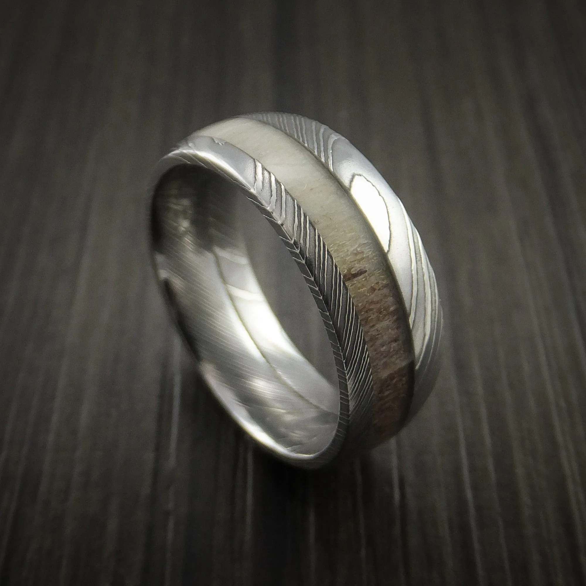 Antler Men's Ring inlaid in Solid Damascus Steel Hunters Wedding Band Custom Made