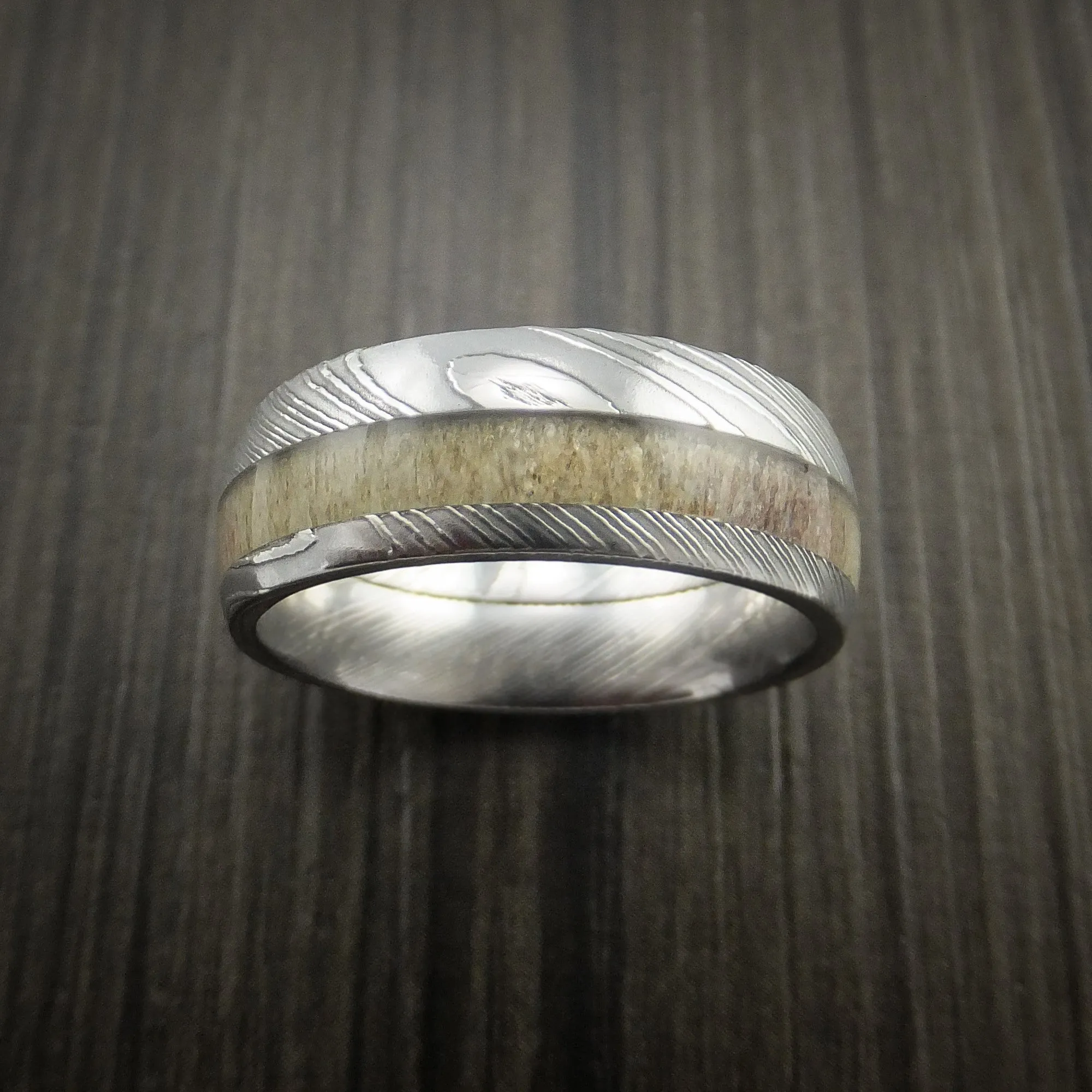 Antler Men's Ring inlaid in Solid Damascus Steel Hunters Wedding Band Custom Made