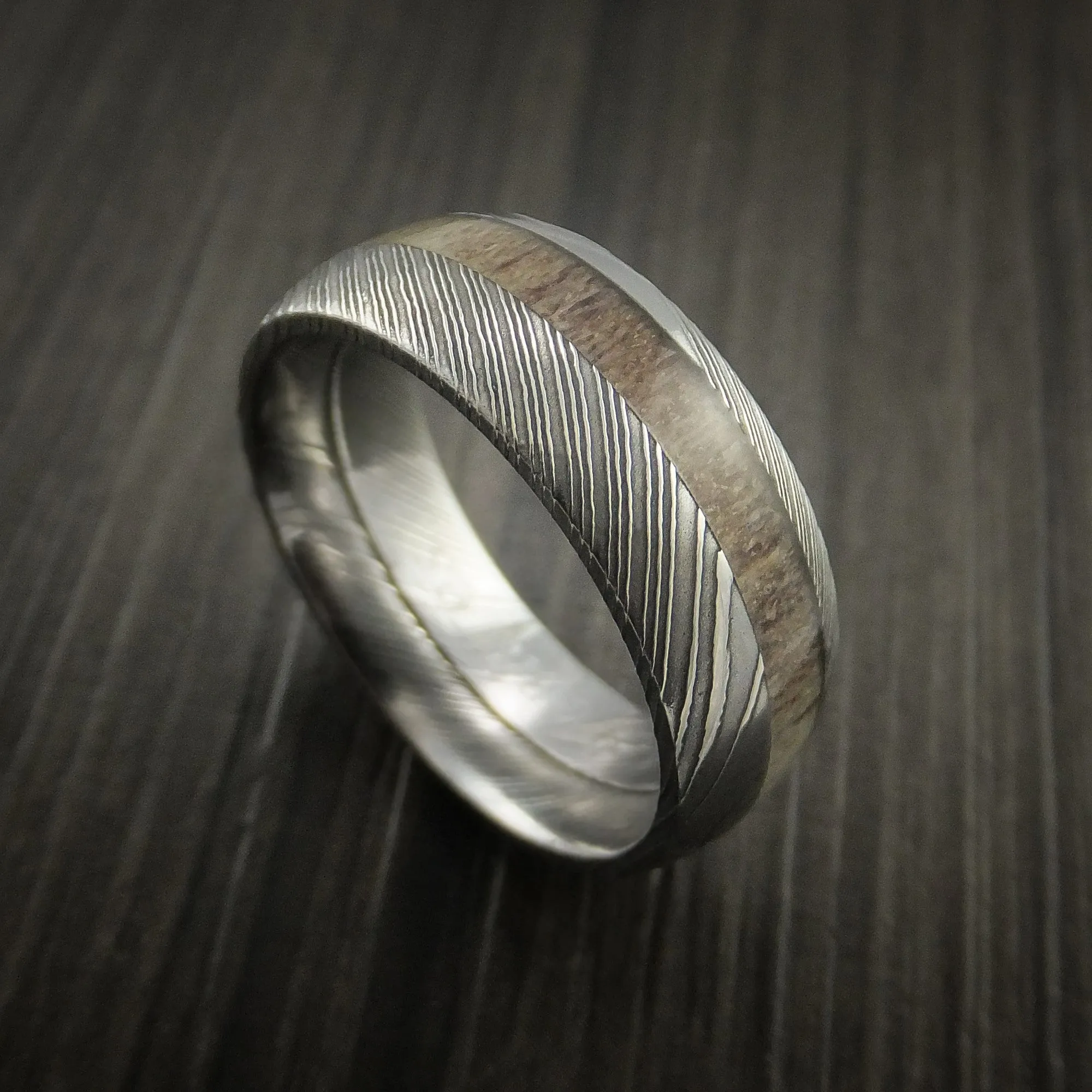 Antler Men's Ring inlaid in Solid Damascus Steel Hunters Wedding Band Custom Made