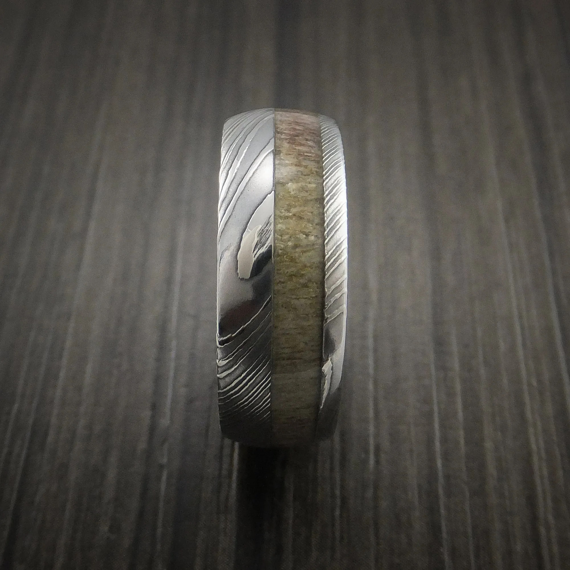 Antler Men's Ring inlaid in Solid Damascus Steel Hunters Wedding Band Custom Made