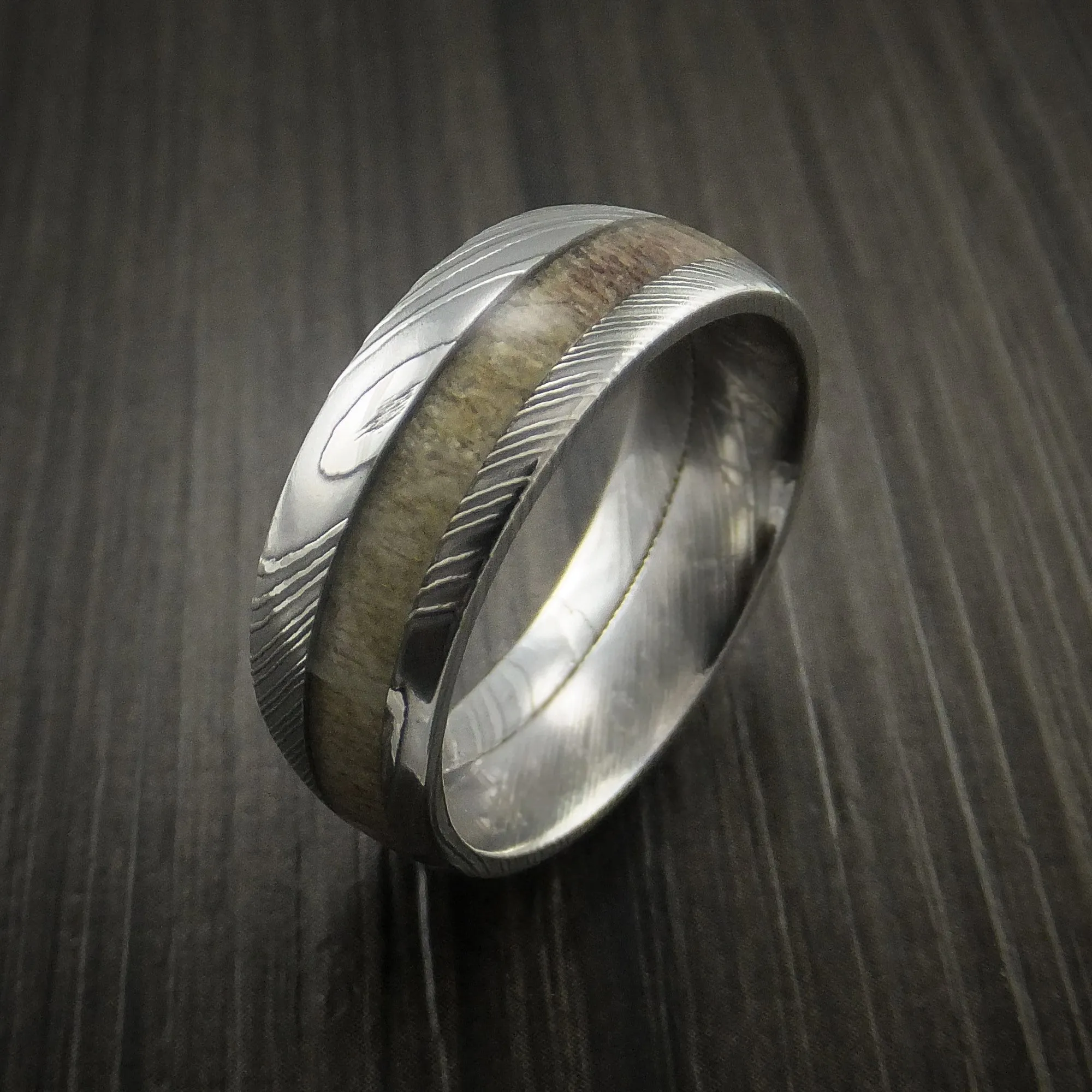 Antler Men's Ring inlaid in Solid Damascus Steel Hunters Wedding Band Custom Made