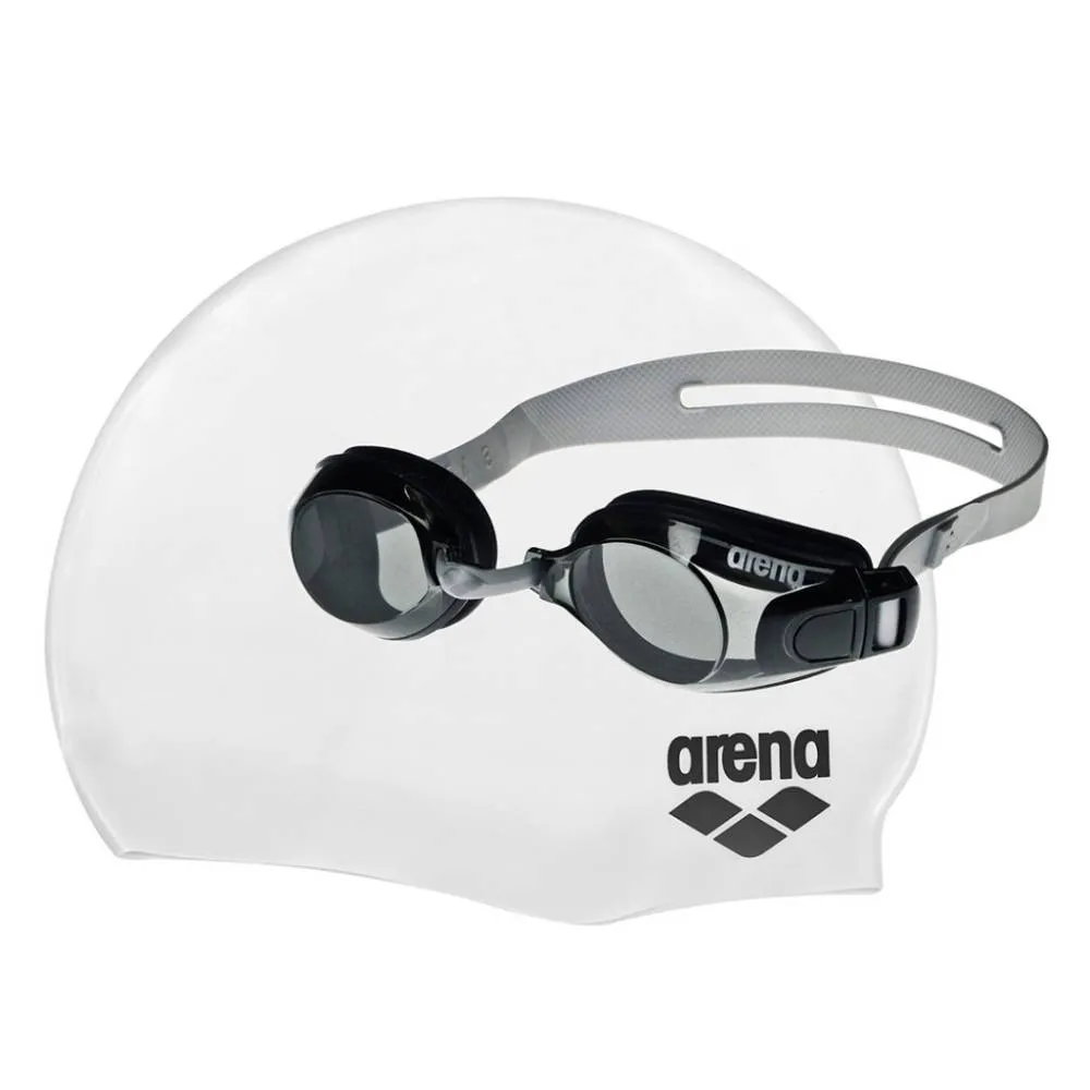 ARENA Junior's Swimming Pool Cap & Goggle Set (Silver Smoke/White Black)