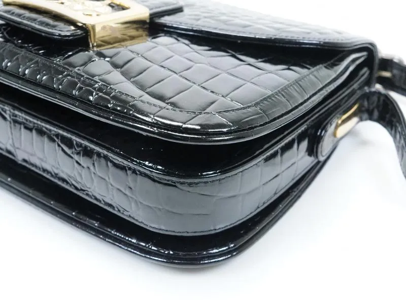 Authentic Pre-owned Celine Vintage Black Crocodile Skin Horse Carriage Shoulder Bag Italy 193004