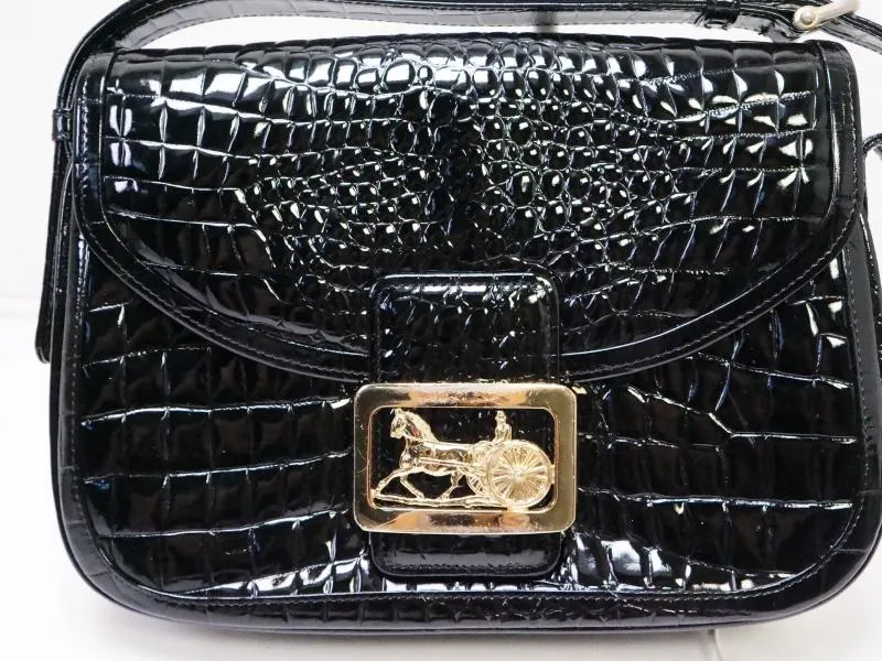 Authentic Pre-owned Celine Vintage Black Crocodile Skin Horse Carriage Shoulder Bag Italy 193004