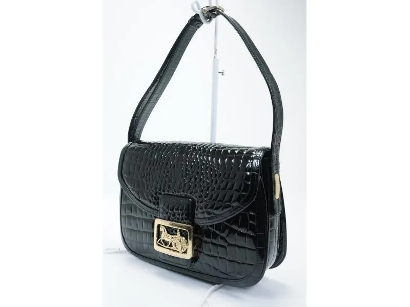 Authentic Pre-owned Celine Vintage Black Crocodile Skin Horse Carriage Shoulder Bag Italy 193004