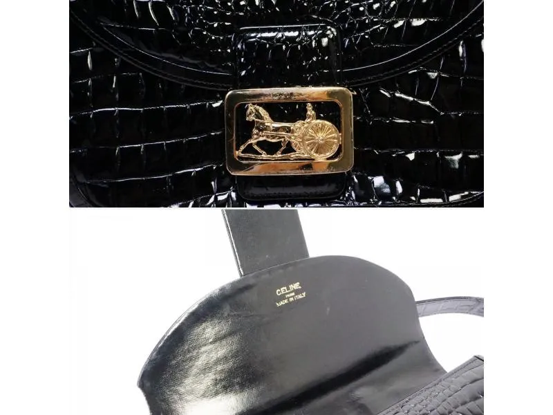 Authentic Pre-owned Celine Vintage Black Crocodile Skin Horse Carriage Shoulder Bag Italy 193004