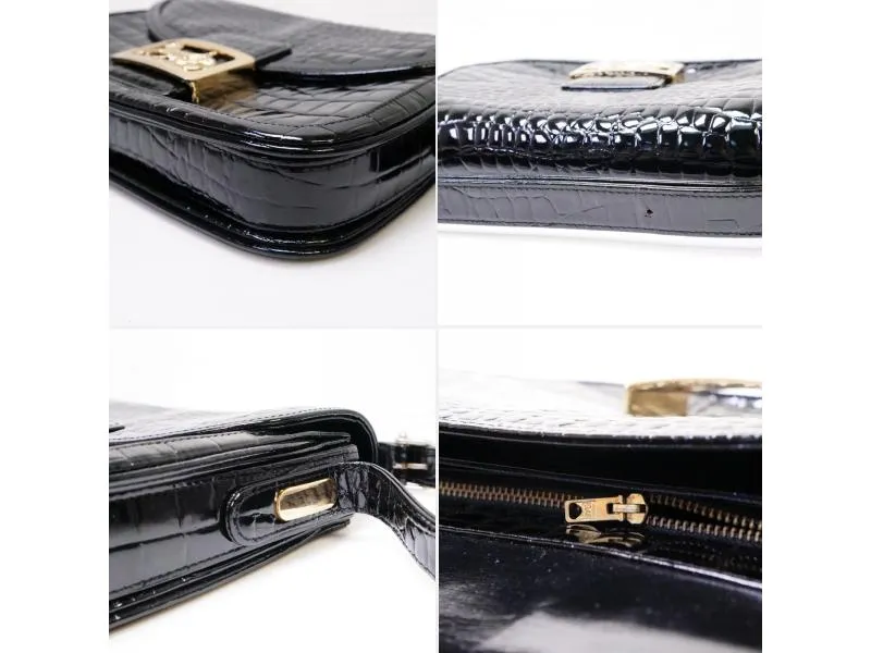 Authentic Pre-owned Celine Vintage Black Crocodile Skin Horse Carriage Shoulder Bag Italy 193004