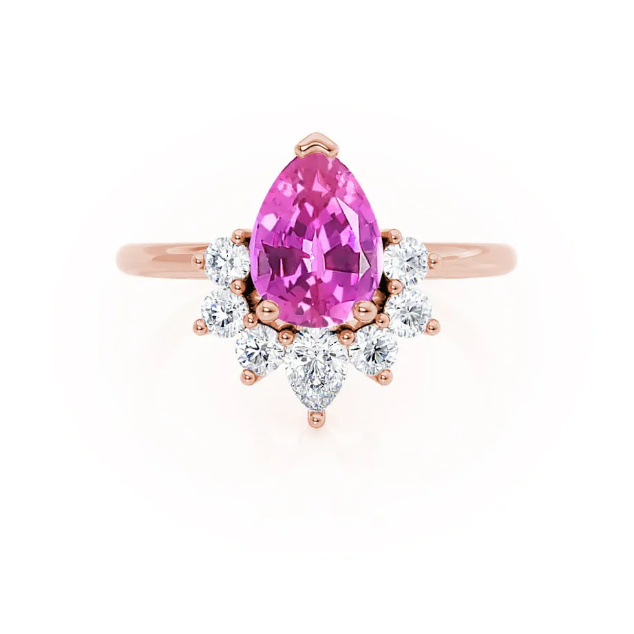 BALLET - Chatham® Pear Pink Sapphire & Diamond Half Halo Tiara Ring 18k Rose Gold