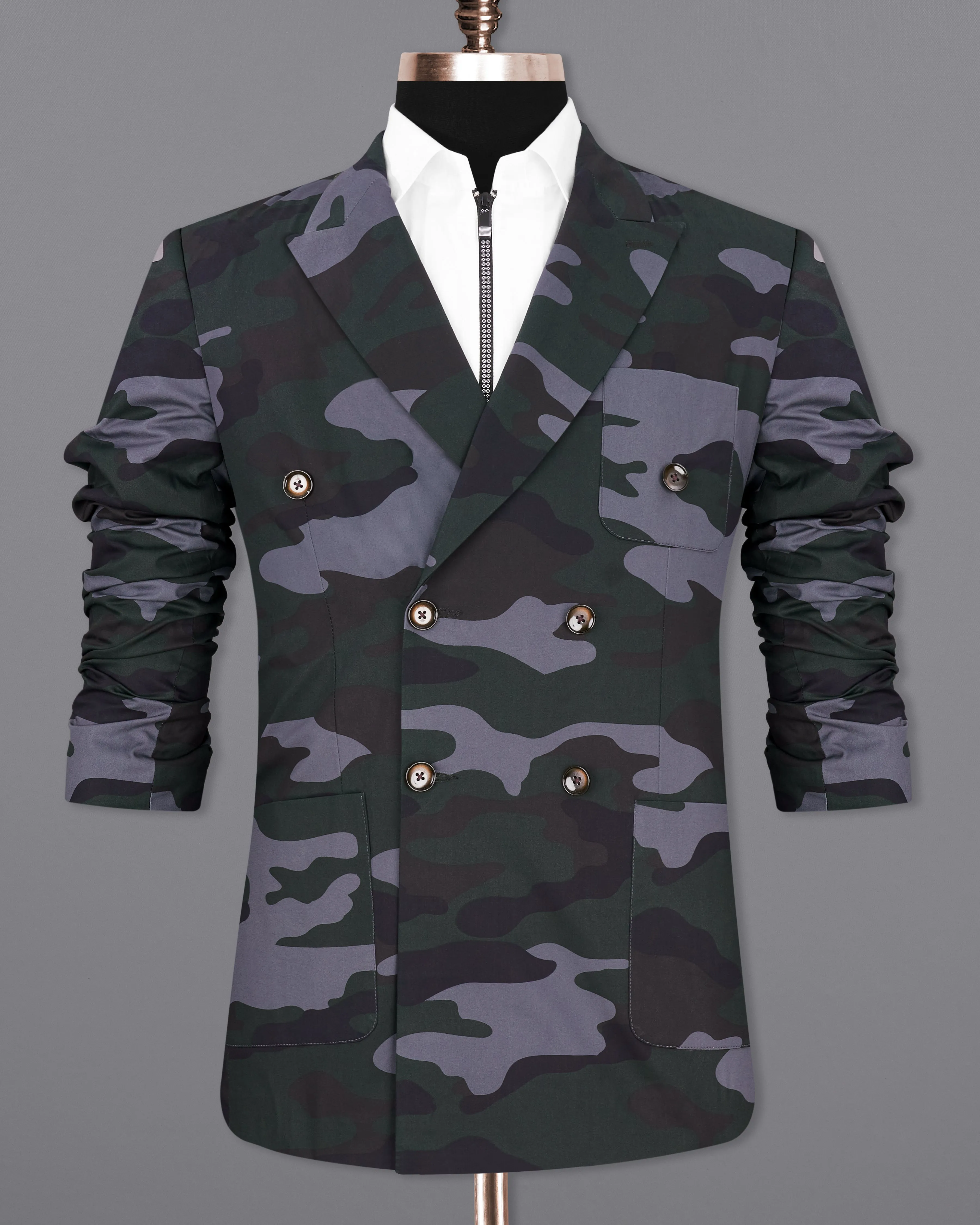 Baltic Green with Pale Gray Camouflage Premium Cotton Double Breasted Designer Sports Blazer