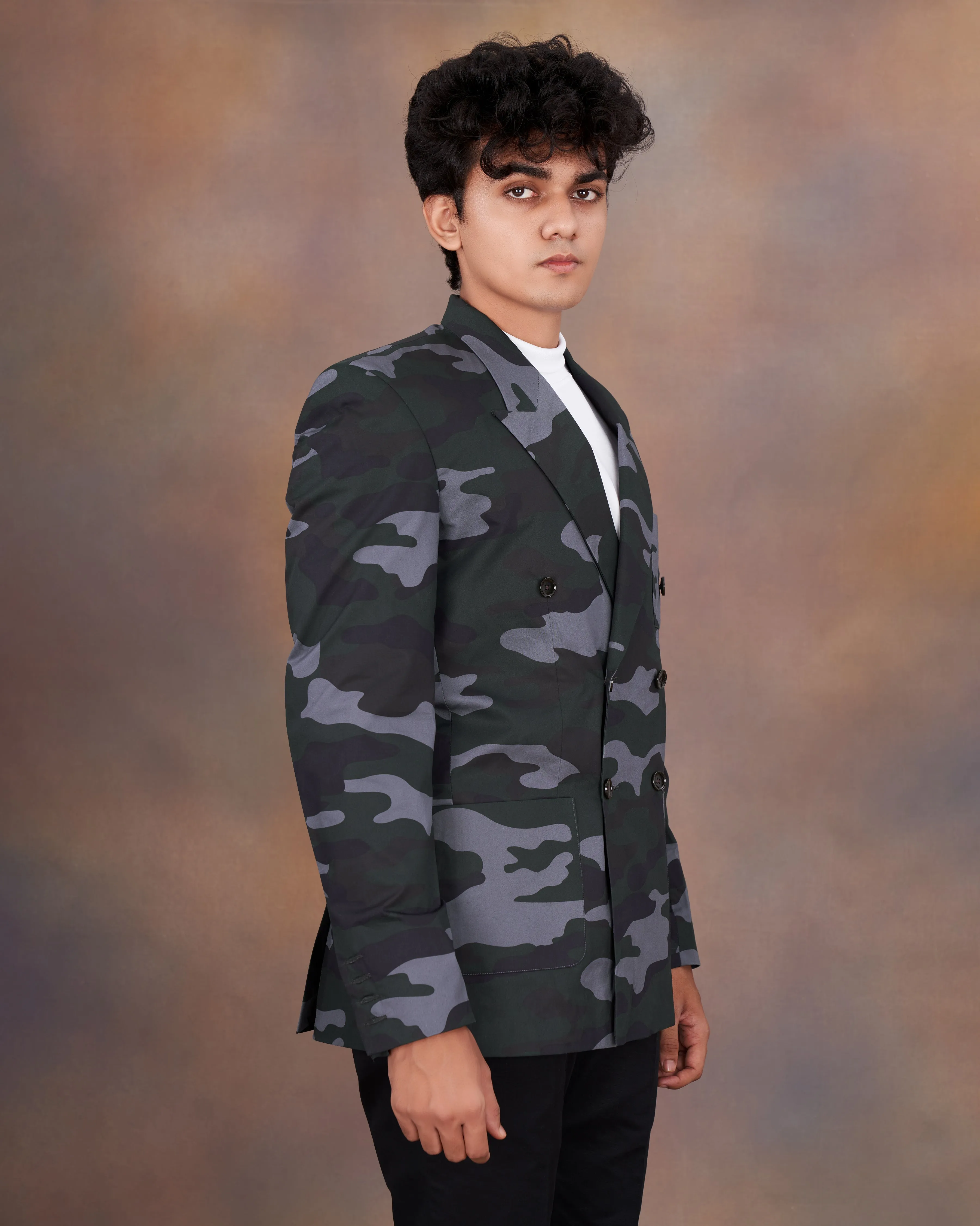 Baltic Green with Pale Gray Camouflage Premium Cotton Double Breasted Designer Sports Blazer