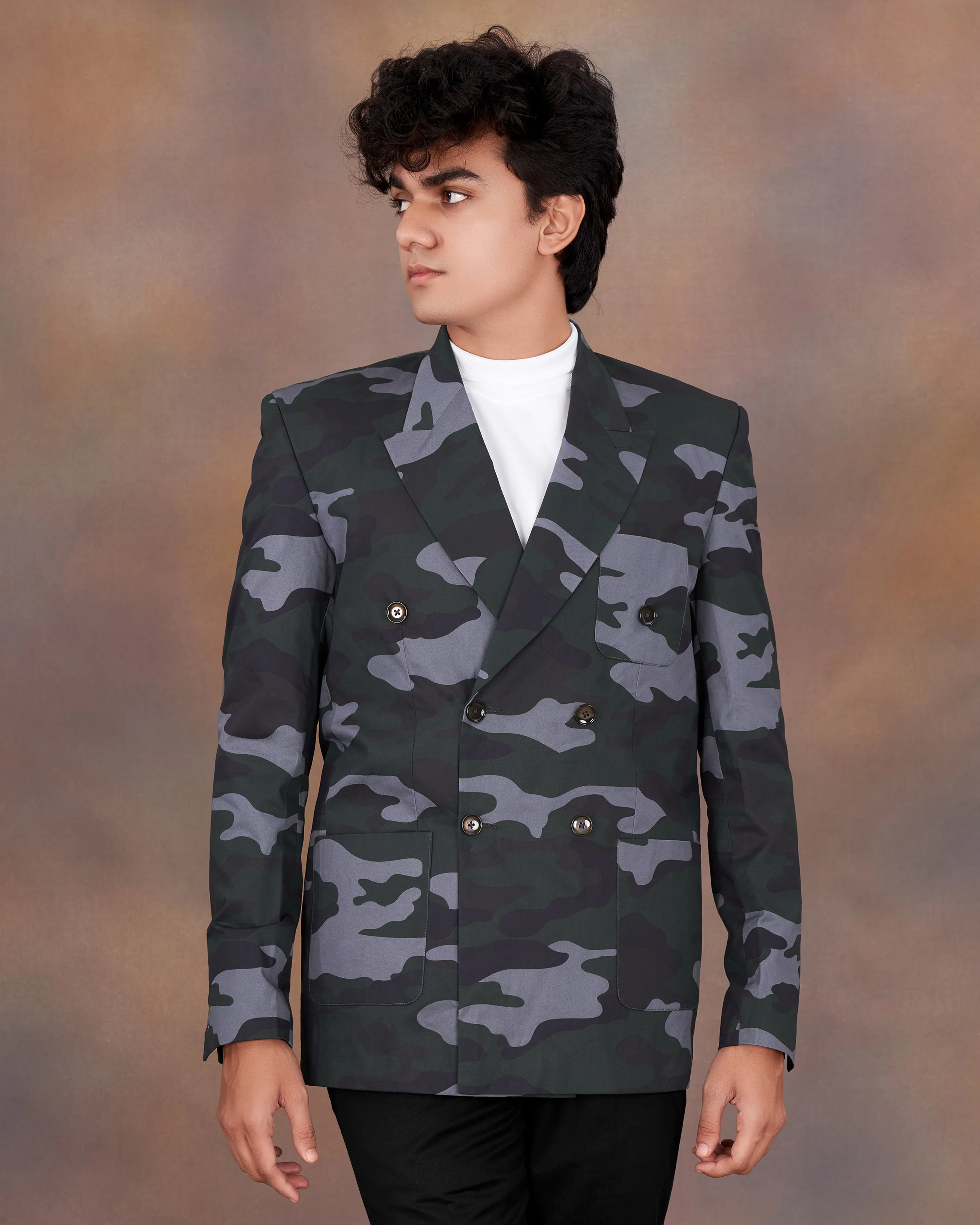 Baltic Green with Pale Gray Camouflage Premium Cotton Double Breasted Designer Sports Blazer