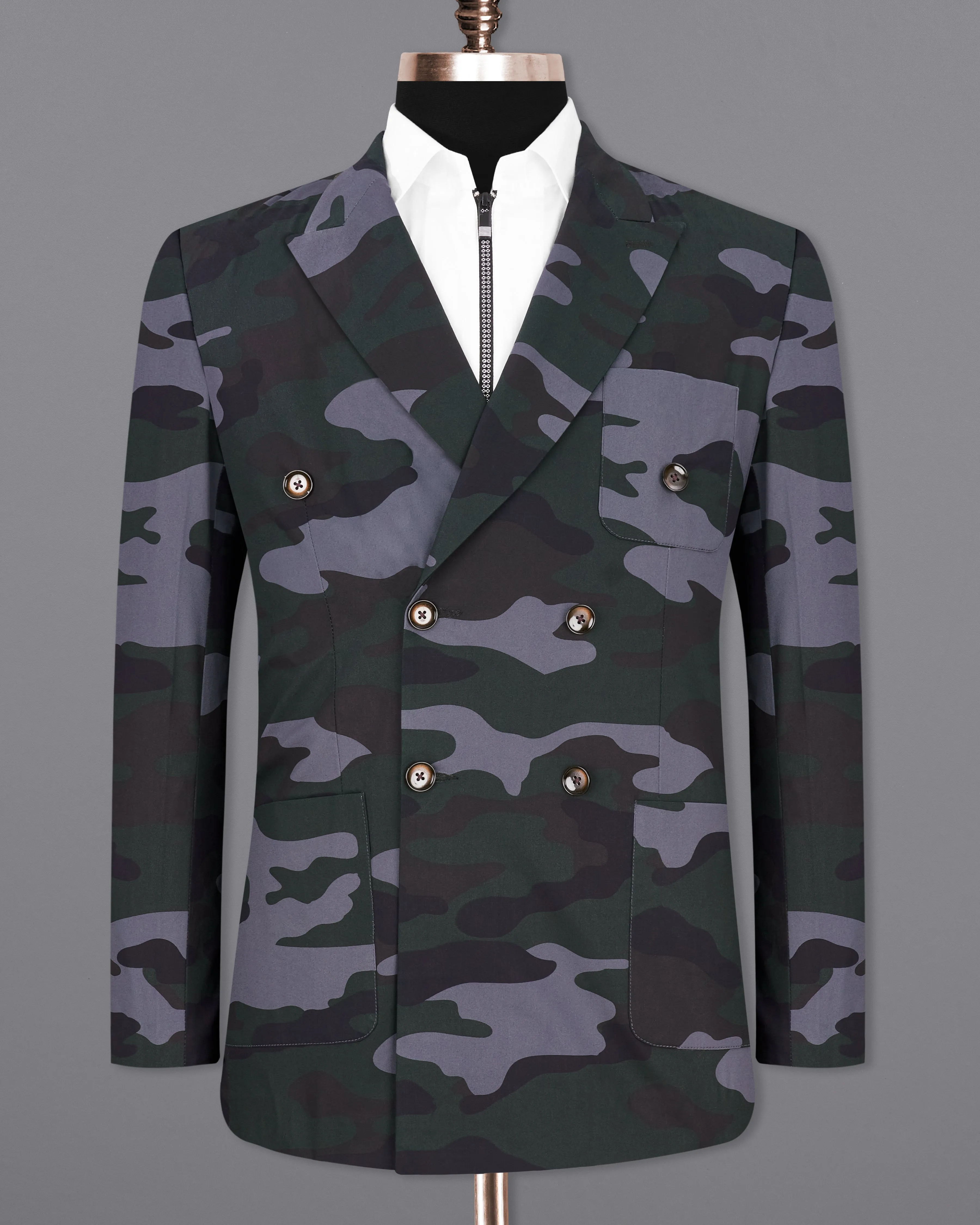 Baltic Green with Pale Gray Camouflage Premium Cotton Double Breasted Designer Sports Blazer