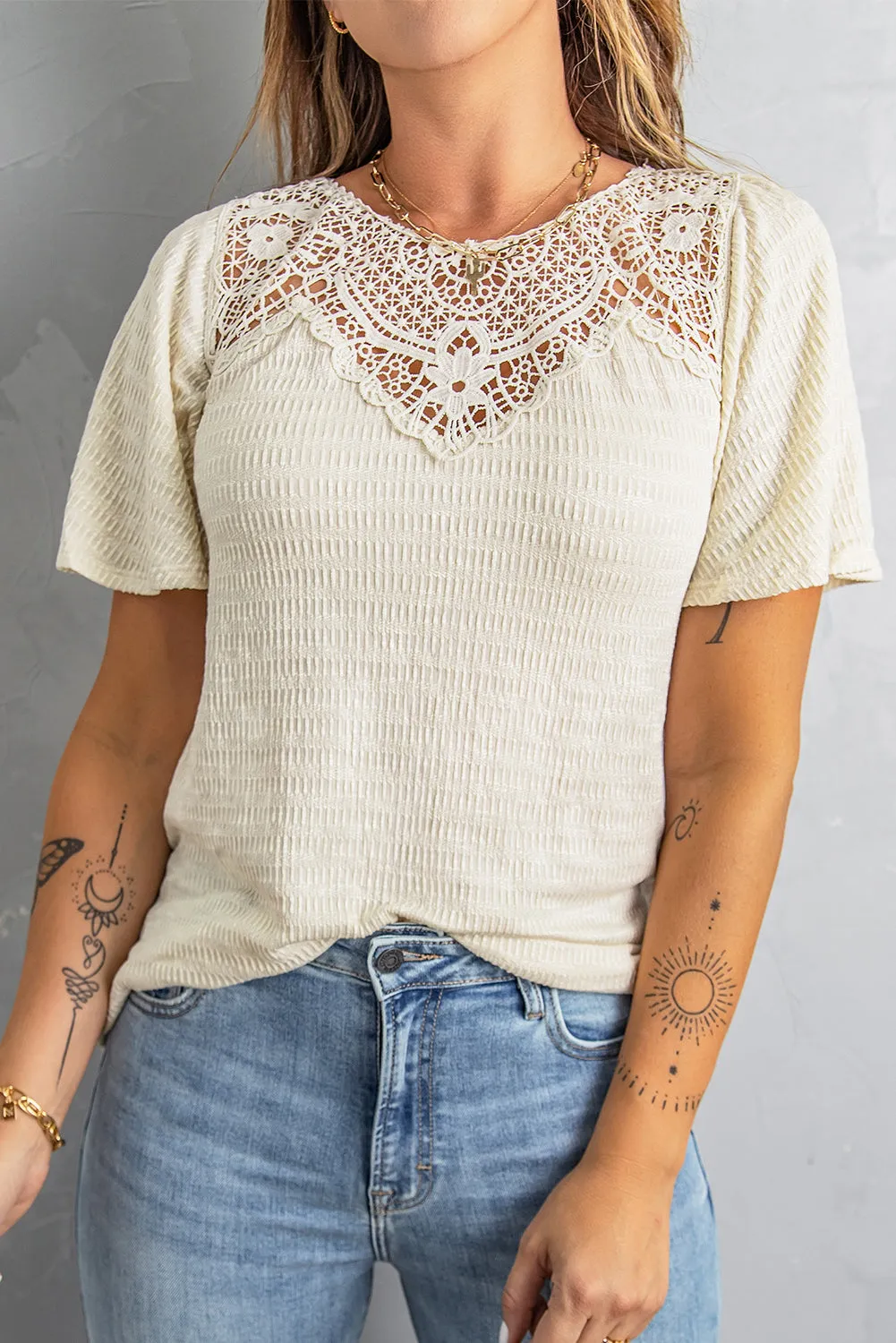 Beige Crochet Splicing Flutter Sleeve Top