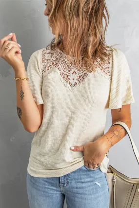 Beige Crochet Splicing Flutter Sleeve Top